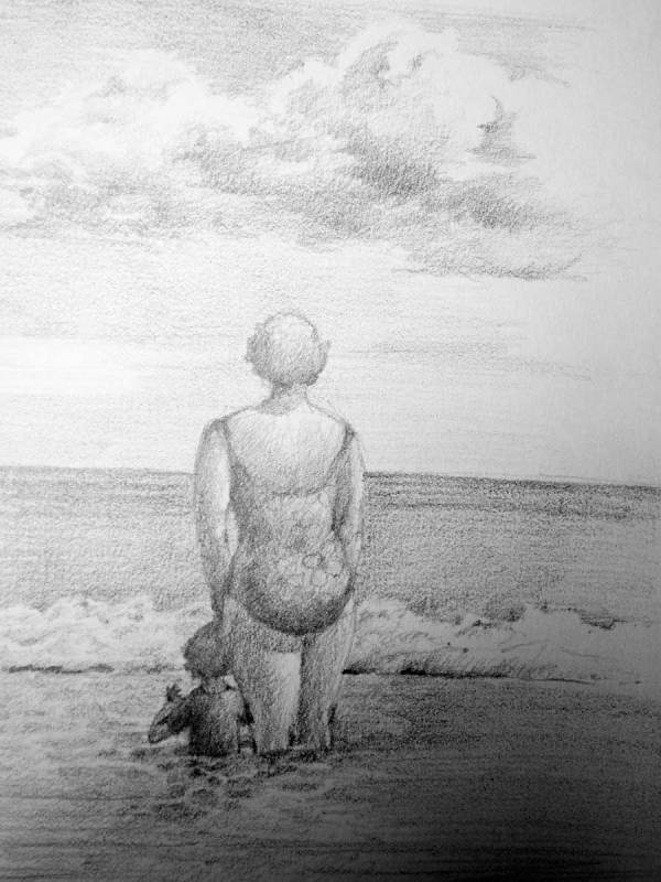 Sketch of Mom and Child at Shore