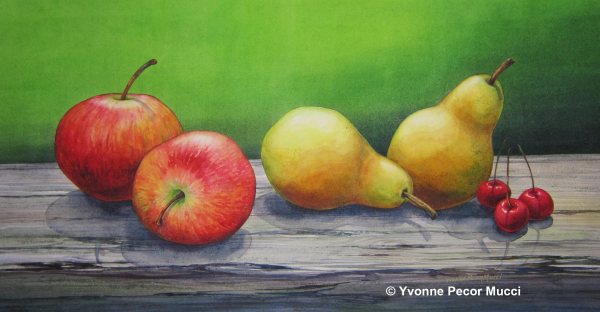 Apples and Pears Watercolor by Yvonne Pecor Mucci