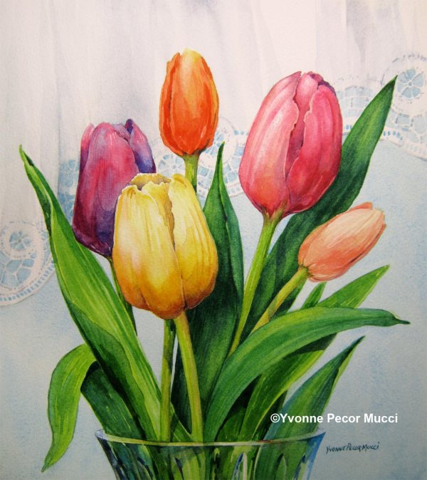 Spring Tulips Watercolor by Yvonne Pecor Mucci