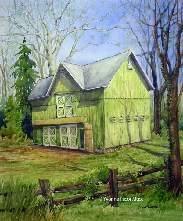 The Green Barn watercolor by Yvonne Pecor Mucci