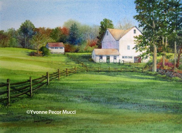 Brandywine Valley White Barn – Watercolor by Yvonne Pecor Mucci