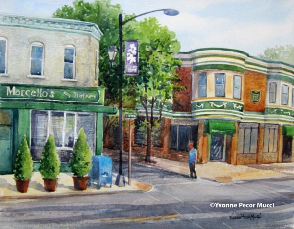 Meet Me On The Corner watercolor by Yvonne Pecor Mucci (framed 16 x 20, available)