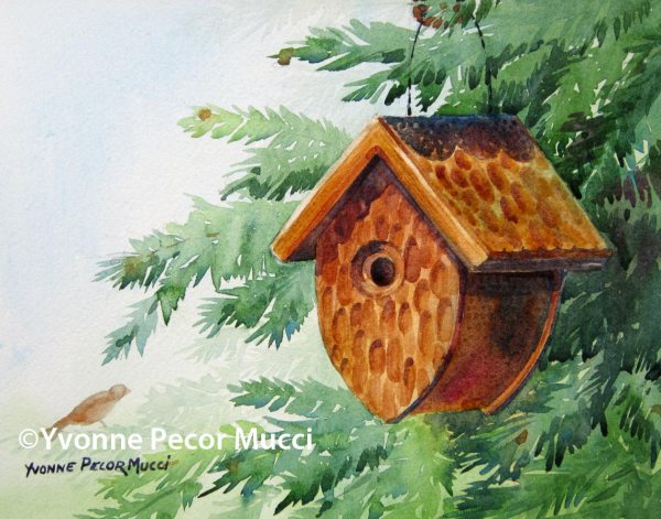 Al's Birdhouse watercolor by Yvonne Pecor Mucci