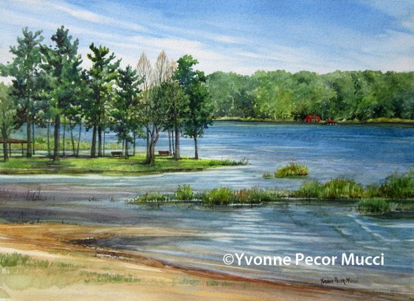 Sunset Lake Watercolor by Yvonne Pecor Mucci (Framed 20 x 16, Available)