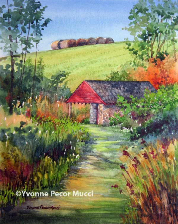 Springhouse at Coverdale  watercolor by Yvonne Pecor Mucci (Framed 11 x 14, Sold)