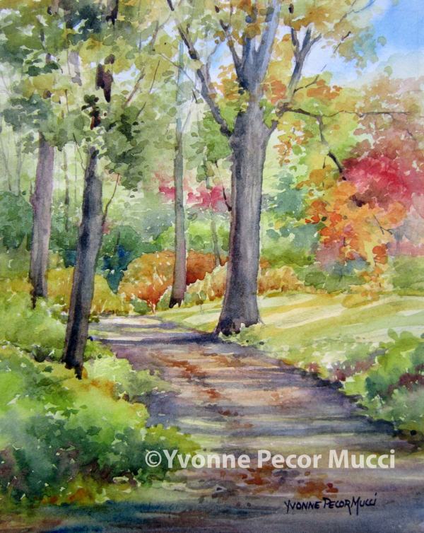 Morning Walk watercolor by Yvonne Pecor Mucci (Framed 11 x 14, Sold)