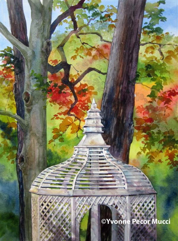 Winterthur Fireworks watercolor by Yvonne Pecor Mucci (Framed 16 x 20)