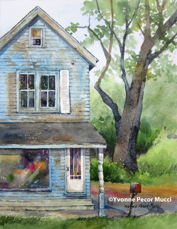 "Faded Blues" watercolor by Yvonne Pecor Mucci (Framed 11 x 14, available)